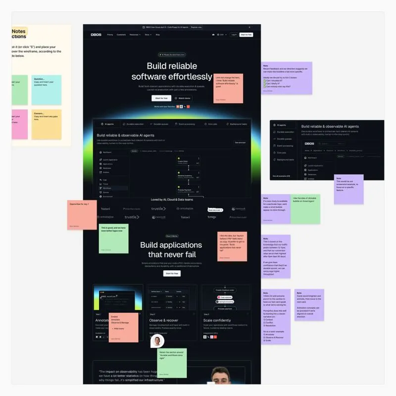 Homepage design covered in sticky-note feedback